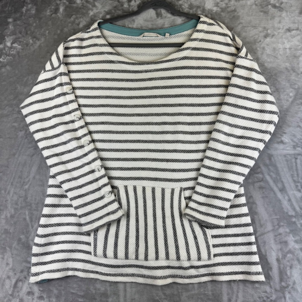 Soft Surroundings Sweatshirt Women L White Gray Striped Button‎ Sleeve (1467)